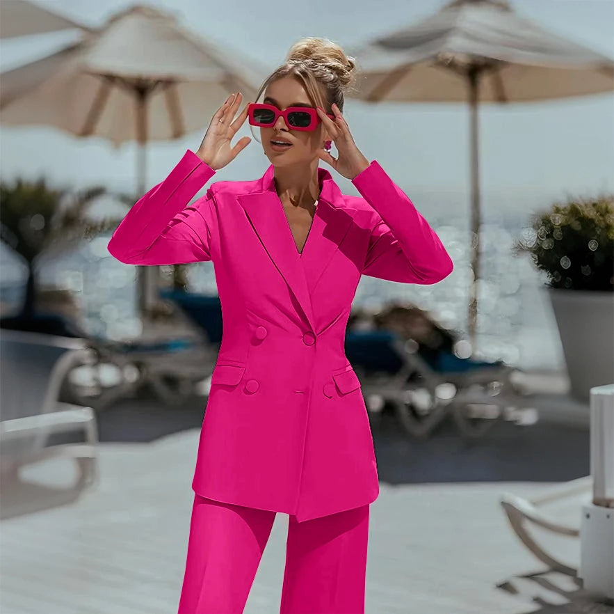 Ensemble Pantalon Rose Élégant à Double Boutonnage pour Femme, Tenue Décontractée, Slim, 03, Bal de Promo, (Veste + Pantalon), 2 Pièces
