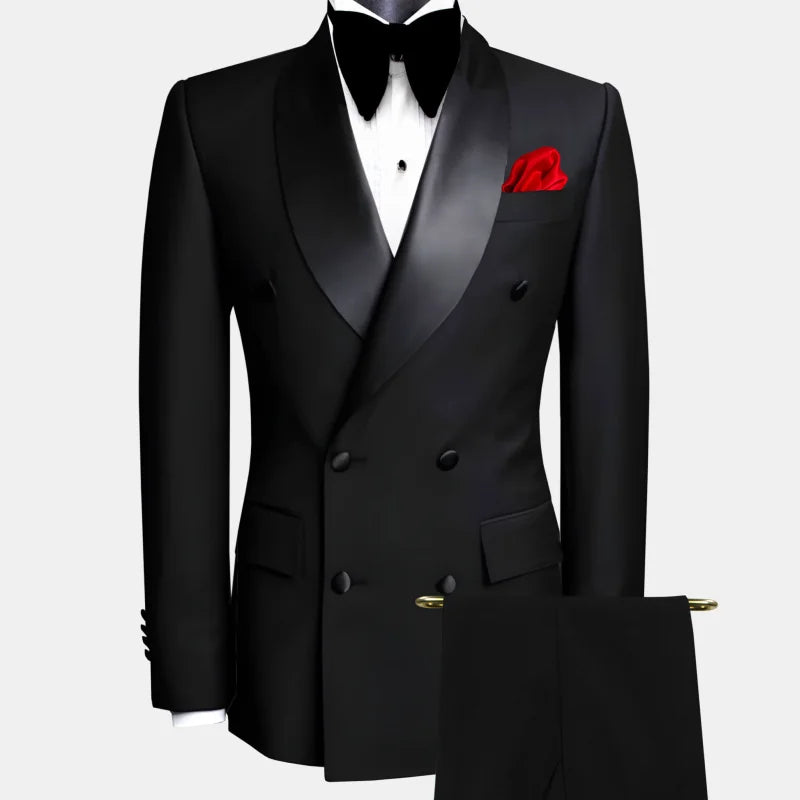 Veste et pantalon noirs trempés à double bouton pour hommes, revers noir, mariage, marié, affaires, anniversaire, banquet, travail, 2 pièces