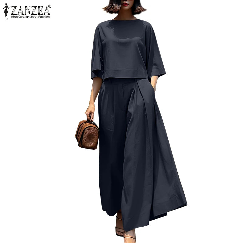 Mode été 3/4 manches Blouse pantalon costumes ZANZEA élégant femmes pantalons à jambes larges ensembles 2 pièces tenues décontractées travail OL survêtement