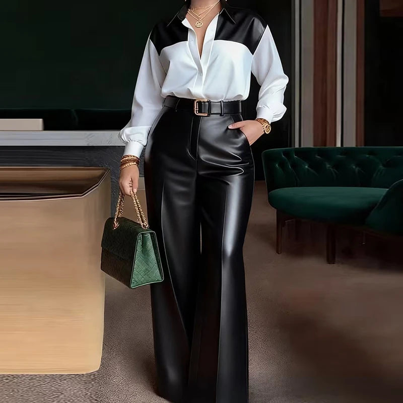 Ensemble deux pièces élégant pour femme : haut à col rabattu et manches longues avec pantalon large en similicuir – Collection Printemps-Automne 2026