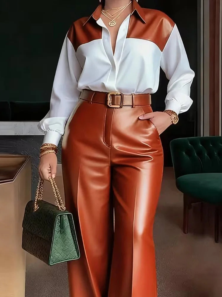 Ensemble deux pièces élégant pour femme : haut à col rabattu et manches longues avec pantalon large en similicuir – Collection Printemps-Automne 2026
