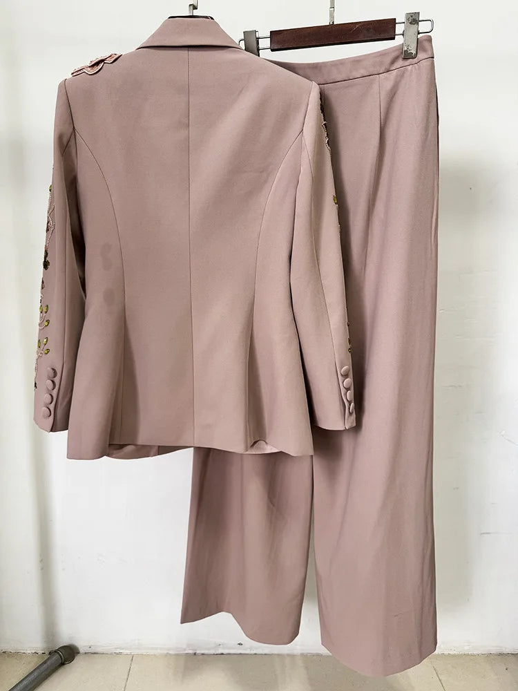 HIGH STREET – ensemble de costume de défilé de styliste pour femmes, Blazer perlé à fleurs 3D, pantalon à jambes larges, nouvelle collection
