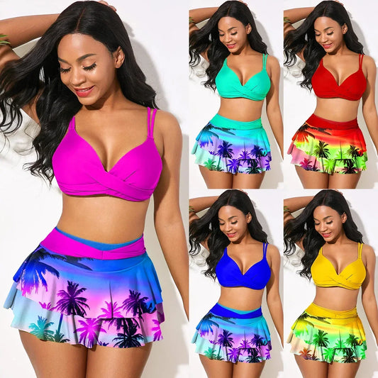 Sexy à volants maillot de bain femmes Push Up évider croix Bikini ensemble femmes érable imprimé plage maillot de bain jupe maillots de bain grande taille