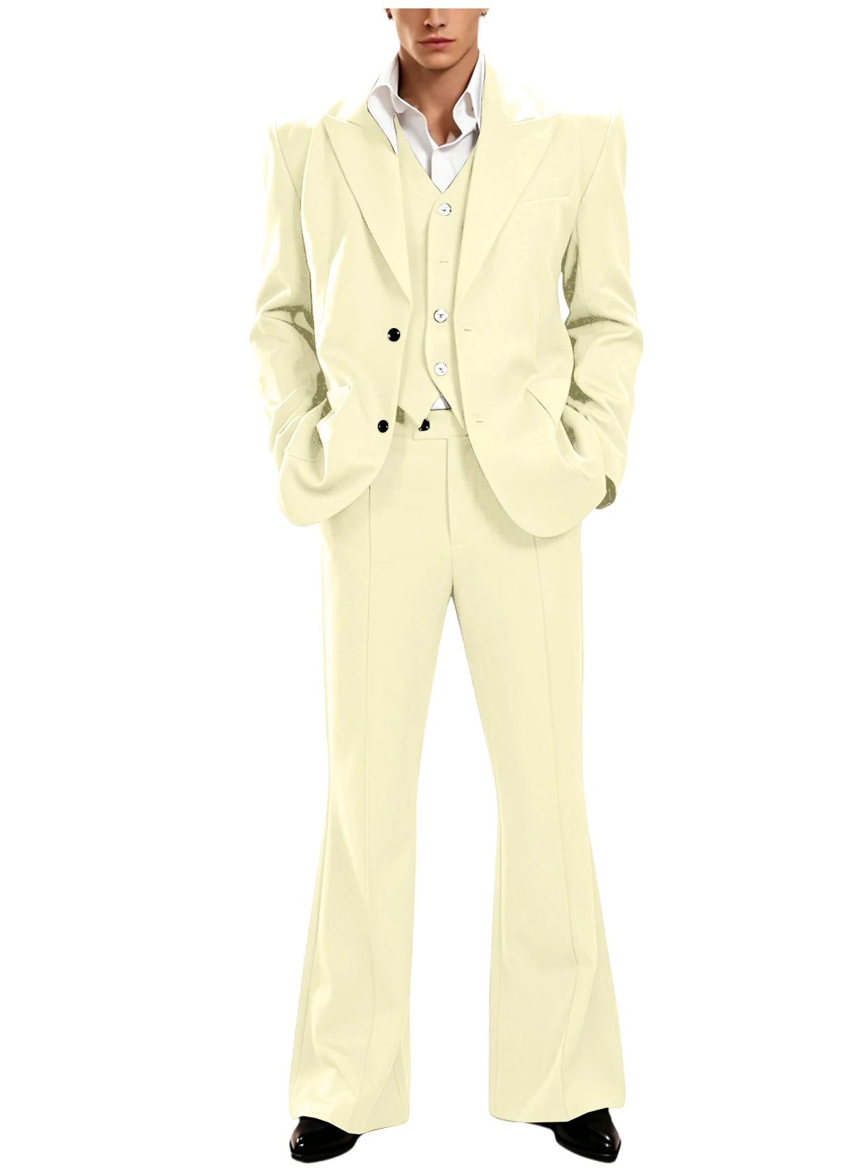 Ensemble de costume 3 pièces vintage pour homme, revers pointu, coupe ajustée, blazer croisé à 2 boutons, gilet et pantalon évasé pour occasions formelles, affaires et mariages