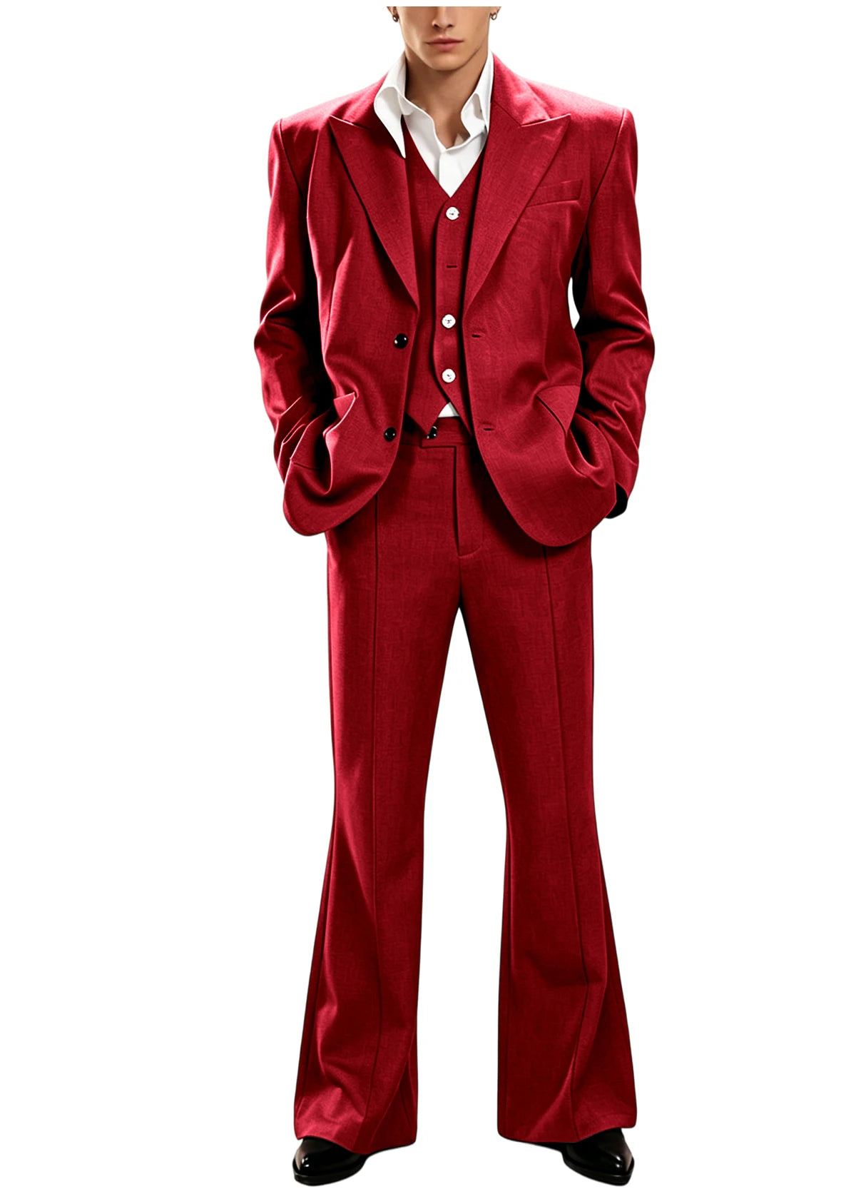 Ensemble de costume 3 pièces vintage pour homme, revers pointu, coupe ajustée, blazer croisé à 2 boutons, gilet et pantalon évasé pour occasions formelles, affaires et mariages