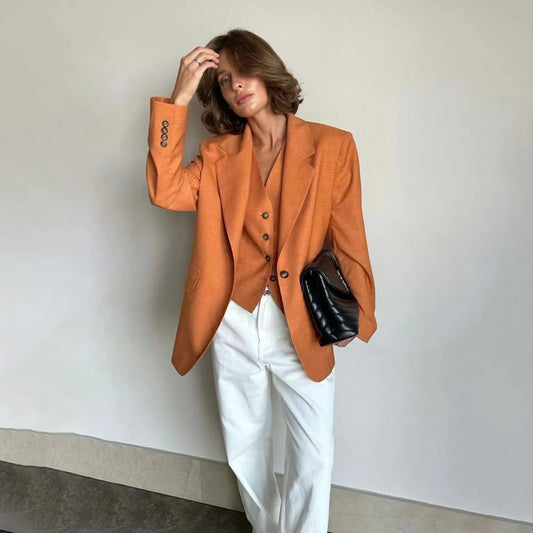 Slim Fit Women's Suits Linen Three Pieces Pant Sets High-end Single Button Notch Lapel Blazer Elegant Daily Business Office Wear