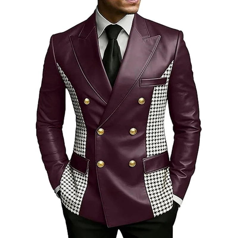 Blazer en cuir marron pour homme avec côtés à motif pied-de-poule, vintage, bicolore, double boutonnage, coupe ajustée, boutons dorés, veste de smoking en cuir