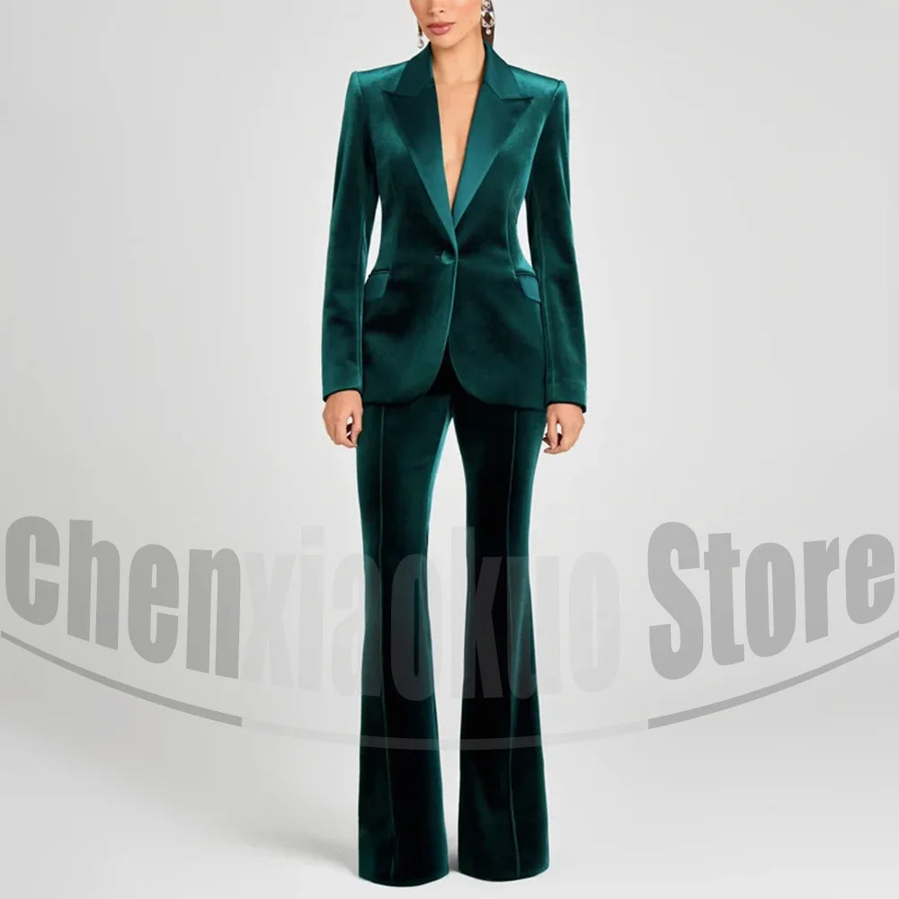 Ensemble de costume en velours pour femmes, Blazer à un bouton et pantalon évasé, vêtements de cérémonie élégants pour soirée, bal, tenue Slim, deux pièces