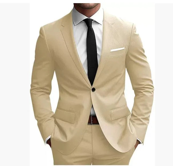 Ensemble de costumes deux pièces pour hommes – Blazer à col rabattu et manches longues, pantalon uni, coupe ajustée – Idéal pour affaires et soirées – Collection Printemps 2026