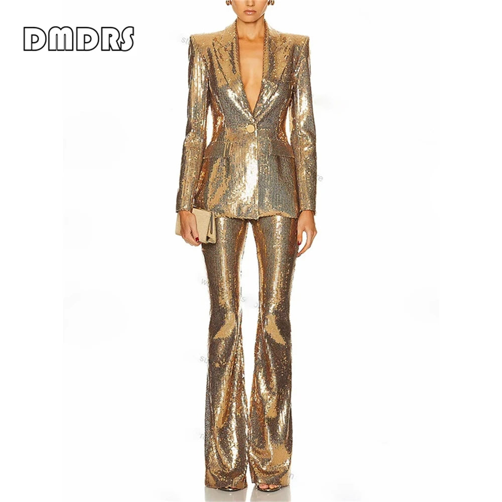 Ensemble de costume à paillettes éblouissantes pour femmes, ensemble veste et pantalon de costume de fête 2 pièces pour femmes, tenue de bal de nuit S-XXL