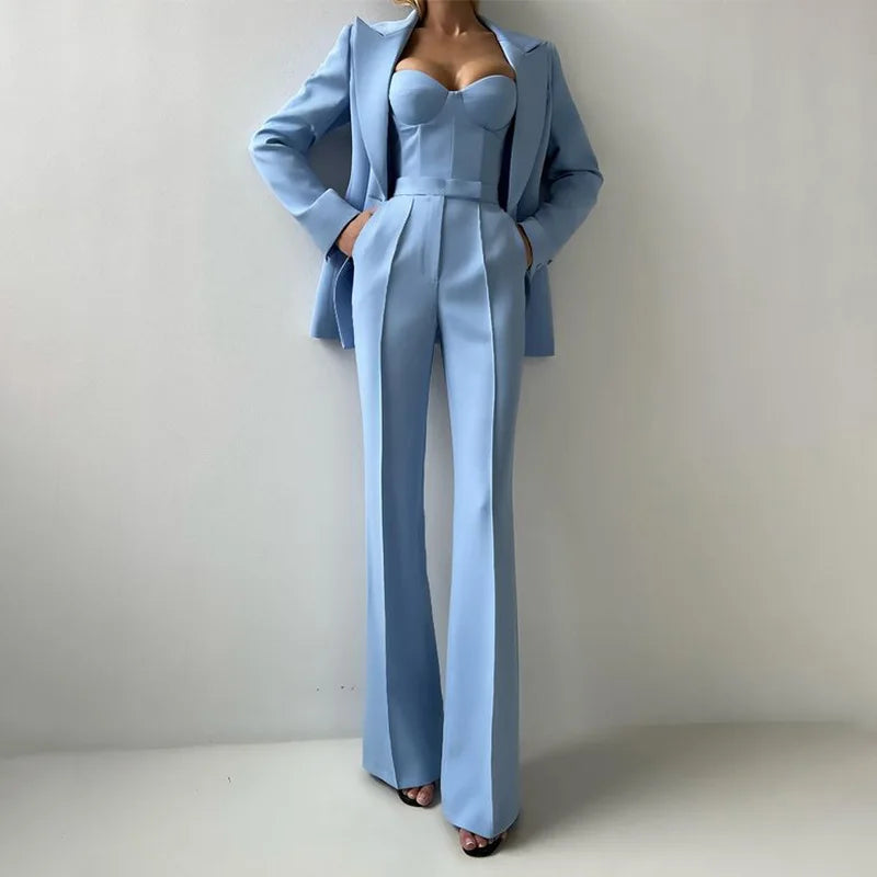 Nouveau bleu clair émeraude Violet Options de couleur haut bustier Flare pantalon Blazer costume tempérament trajet trois pièces femmes tenue