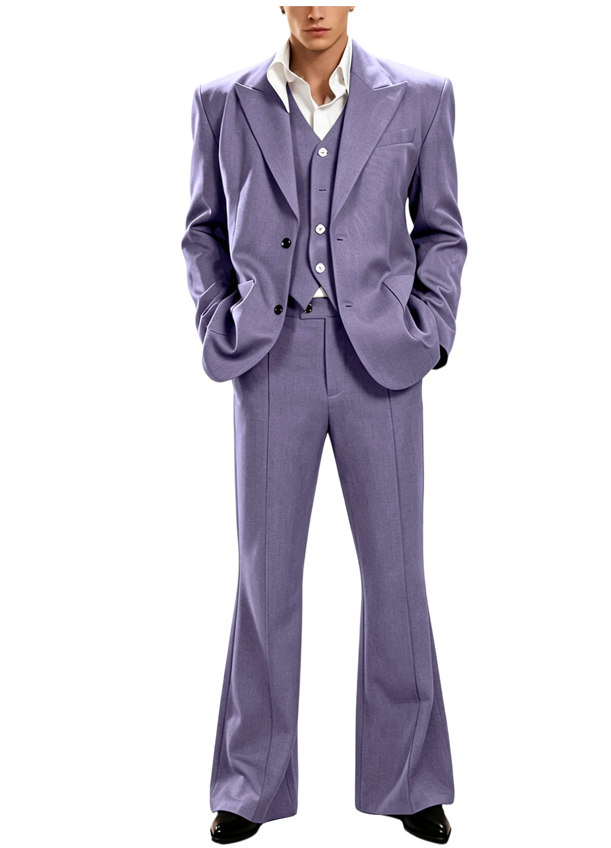 Ensemble de costume 3 pièces vintage pour homme, revers pointu, coupe ajustée, blazer croisé à 2 boutons, gilet et pantalon évasé pour occasions formelles, affaires et mariages