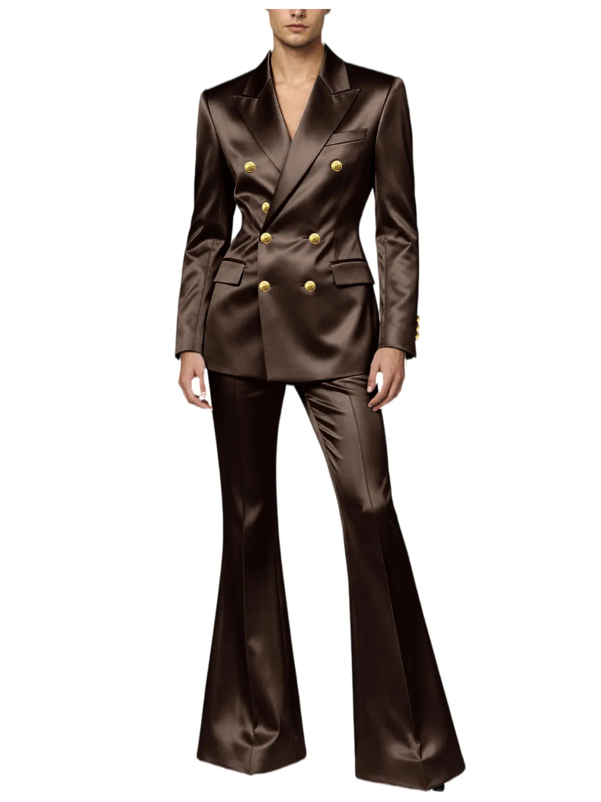 Ensemble de costume satiné croisé pour homme, 2 pièces, revers cranté, blazer à boutons dorés, pantalon évasé, tenue formelle pour mariage, bal de promo, soirée, ou marié