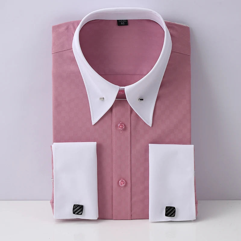 Boutons de manchette français brodés pour hommes, chemise à manches longues avec épingles à col, chemise habillée à grand col pour vêtements de cérémonie d'affaires, Gentlema