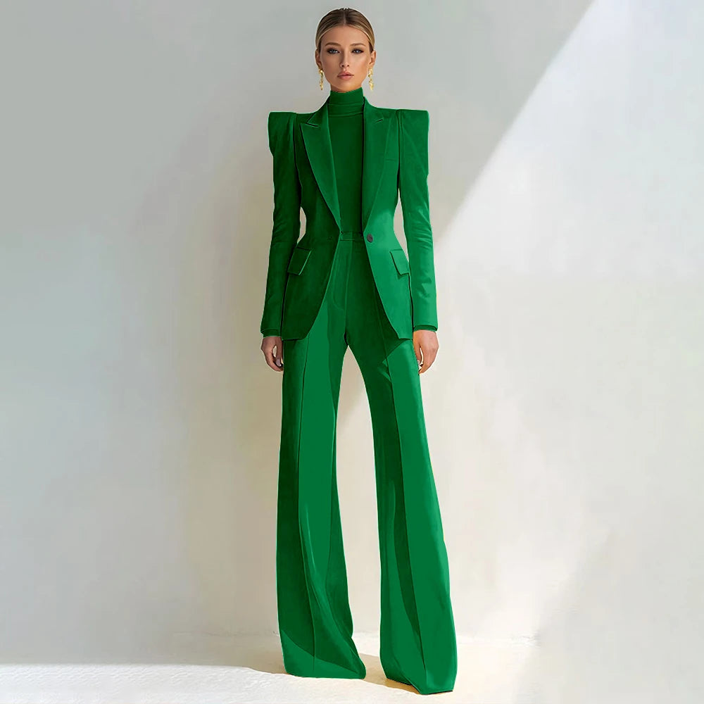 Costume rouge professionnel pour femmes, revers à pointe, bouton unique, Blazer élégant et pantalon évasé, ensemble 2 pièces, vêtements de bureau formels