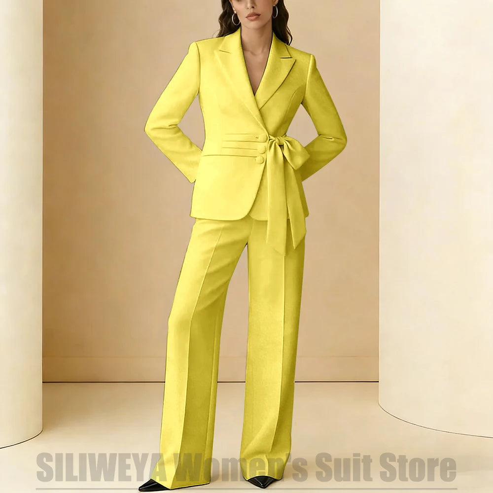 Costume 2 pièces pour femmes, Design avec ceinture à nœud, tenue formelle pour fête de mariage, bal de promo, bureau, mode, revers, costumes quotidiens décontractés pour dames