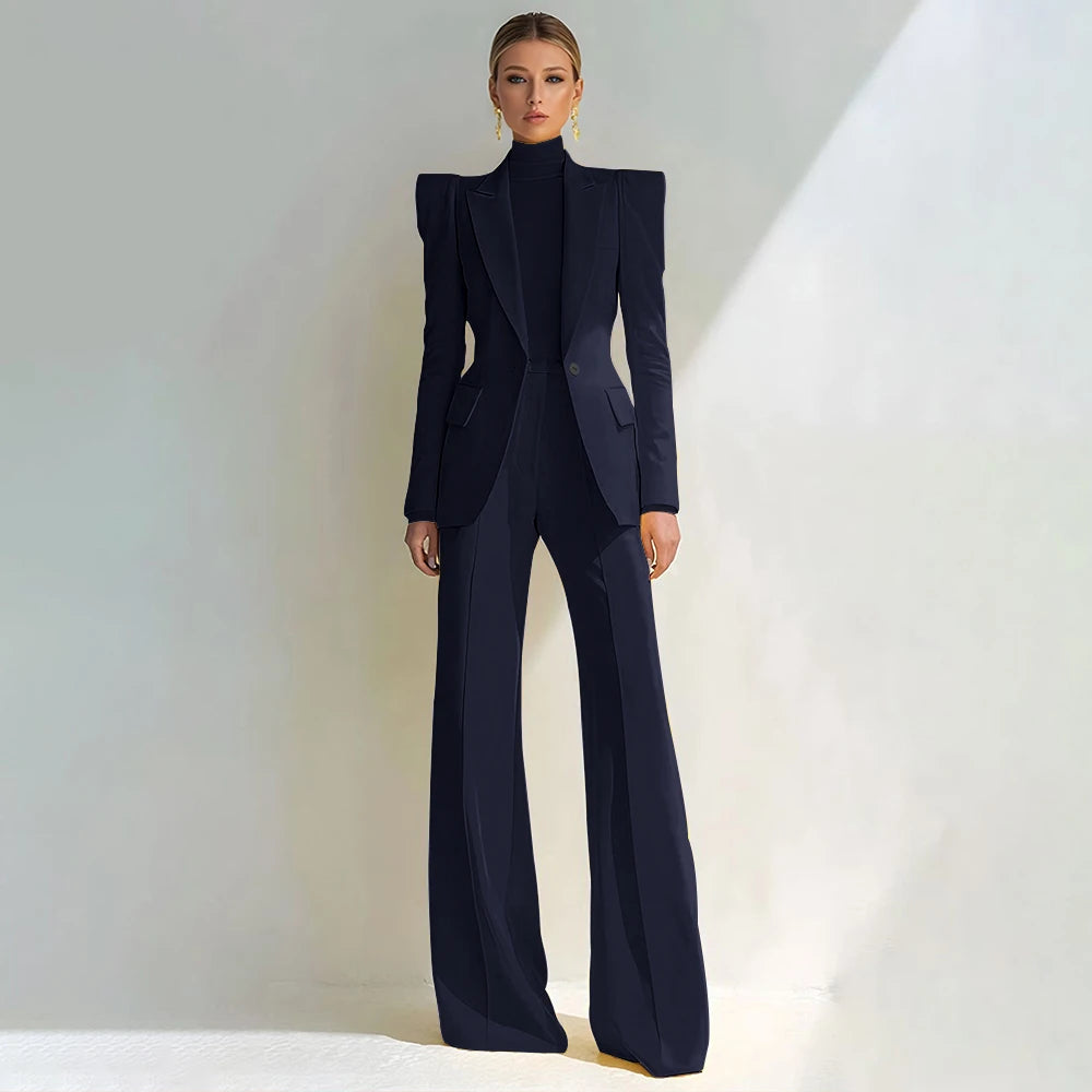 Costume rouge professionnel pour femmes, revers à pointe, bouton unique, Blazer élégant et pantalon évasé, ensemble 2 pièces, vêtements de bureau formels