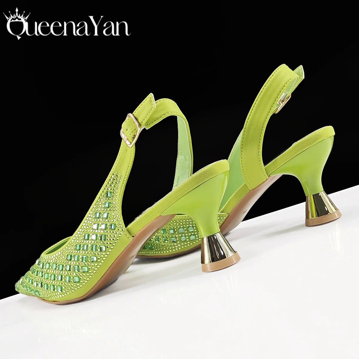 Queena Yan Design italien strass luxe couleur verte bout pointu chaussure et sac ensemble femmes talons hauts pour les fêtes de haute qualité