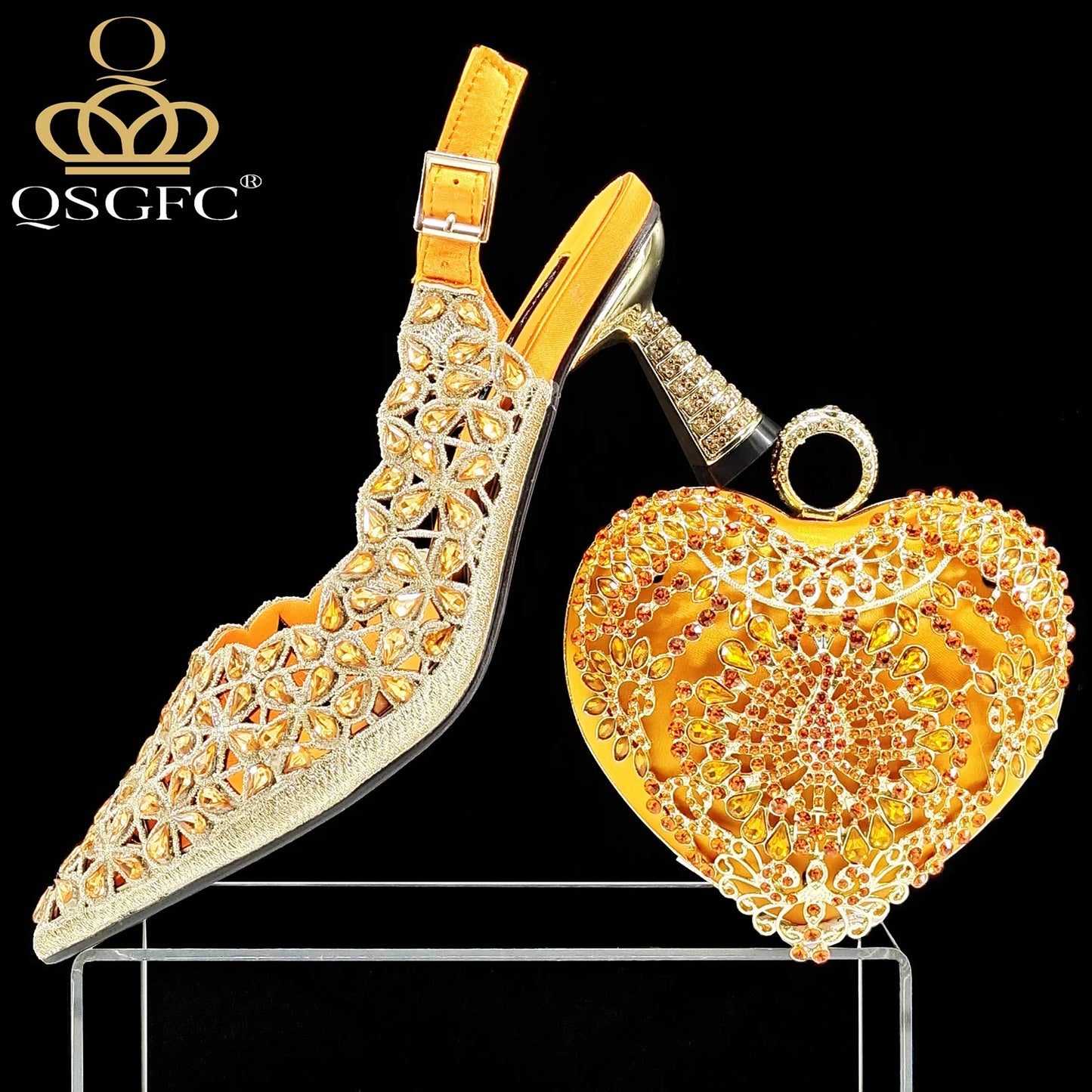 QSGFC nouveau INS mode Style strass découpe talons de fête bout pointu Orange femmes chaussures et sacs à talons