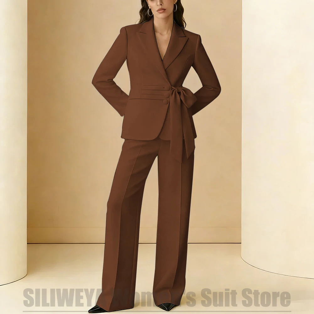 Costume 2 pièces pour femmes, Design avec ceinture à nœud, tenue formelle pour fête de mariage, bal de promo, bureau, mode, revers, costumes quotidiens décontractés pour dames