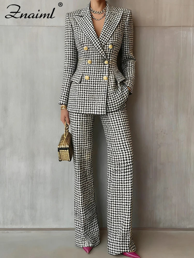 Znaiml Chic Plaid imprimé mince femmes Blazer costume revers à manches longues veste et taille haute pantalon droit 2 pièces ensemble bureau