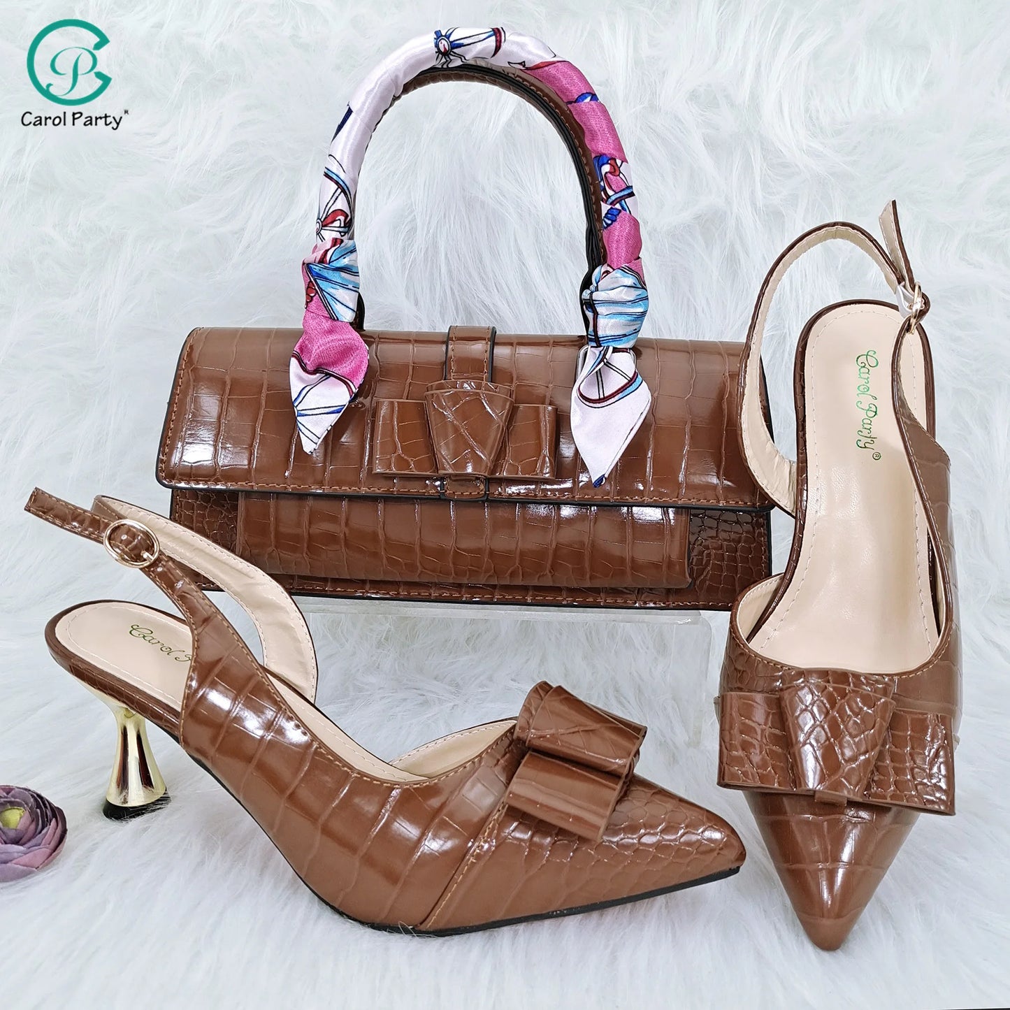 Ensemble de sacs en cuir miroir, nouveau design italien, nœud en tissu, embellissement ruban, poignée pointue Parker, talons hauts