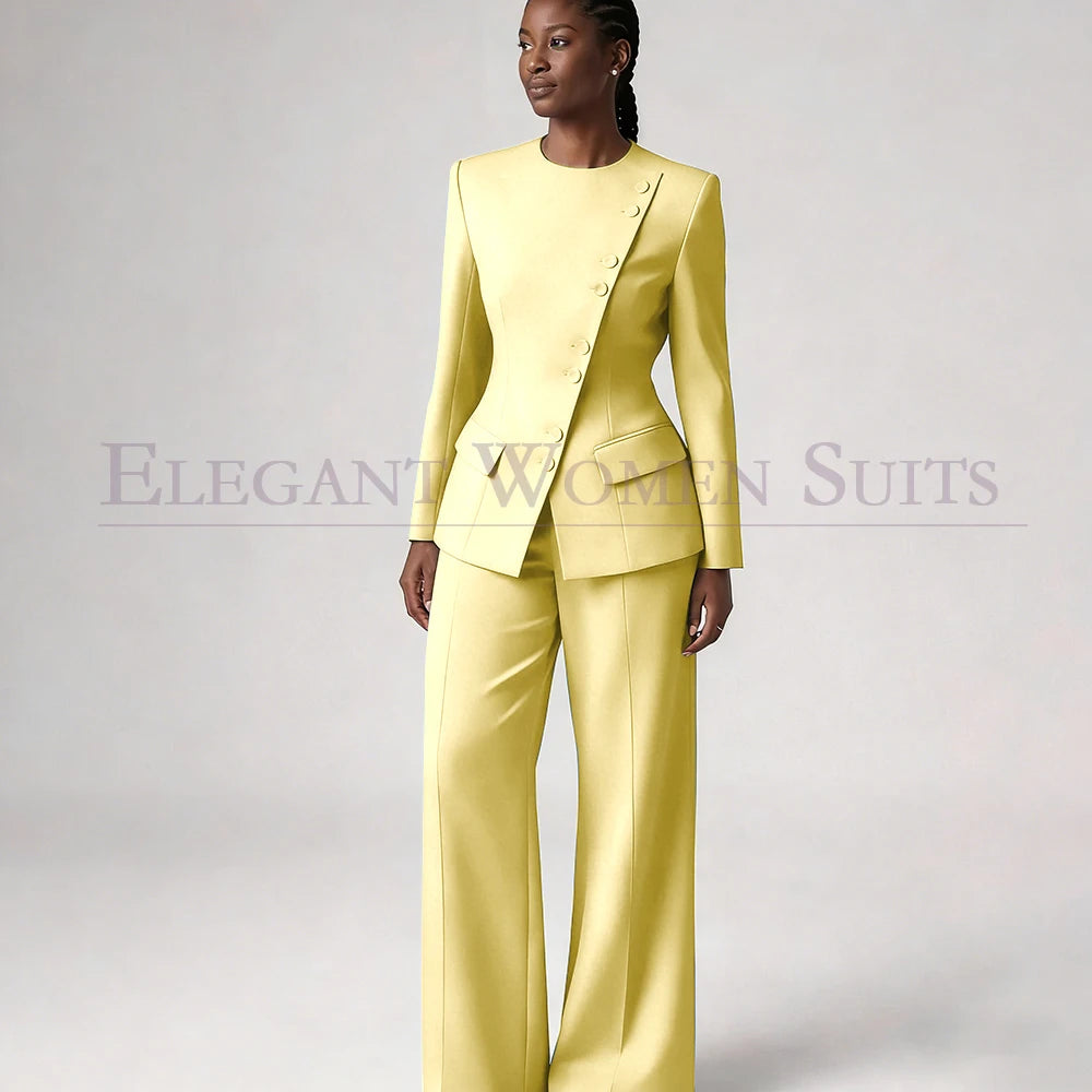 Costume de mode pour femme, blazer à simple boutonnage, col rond, longueur standard, ensemble 2 pièces veste et pantalon, tenue formelle de luxe