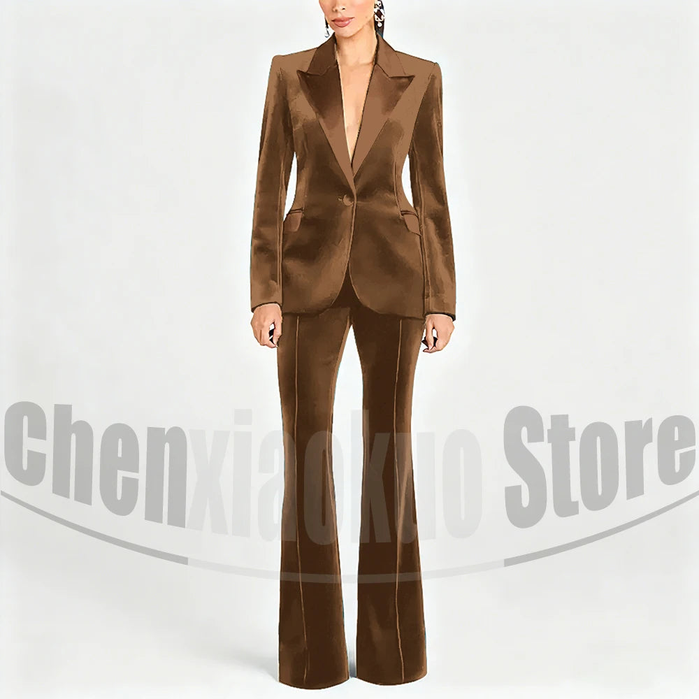 Ensemble de costume en velours pour femmes, Blazer à un bouton et pantalon évasé, vêtements de cérémonie élégants pour soirée, bal, tenue Slim, deux pièces