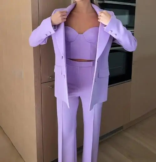 Tenue 3 pièces pour femmes, nouveau tempérament, bretelles Spaghetti, haut court et pantalon taille haute, ensemble avec Blazer à manches longues, automne 2025