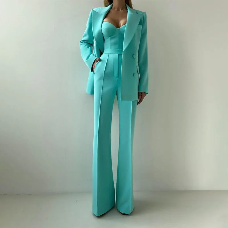 Nouveau bleu clair émeraude Violet Options de couleur haut bustier Flare pantalon Blazer costume tempérament trajet trois pièces femmes tenue