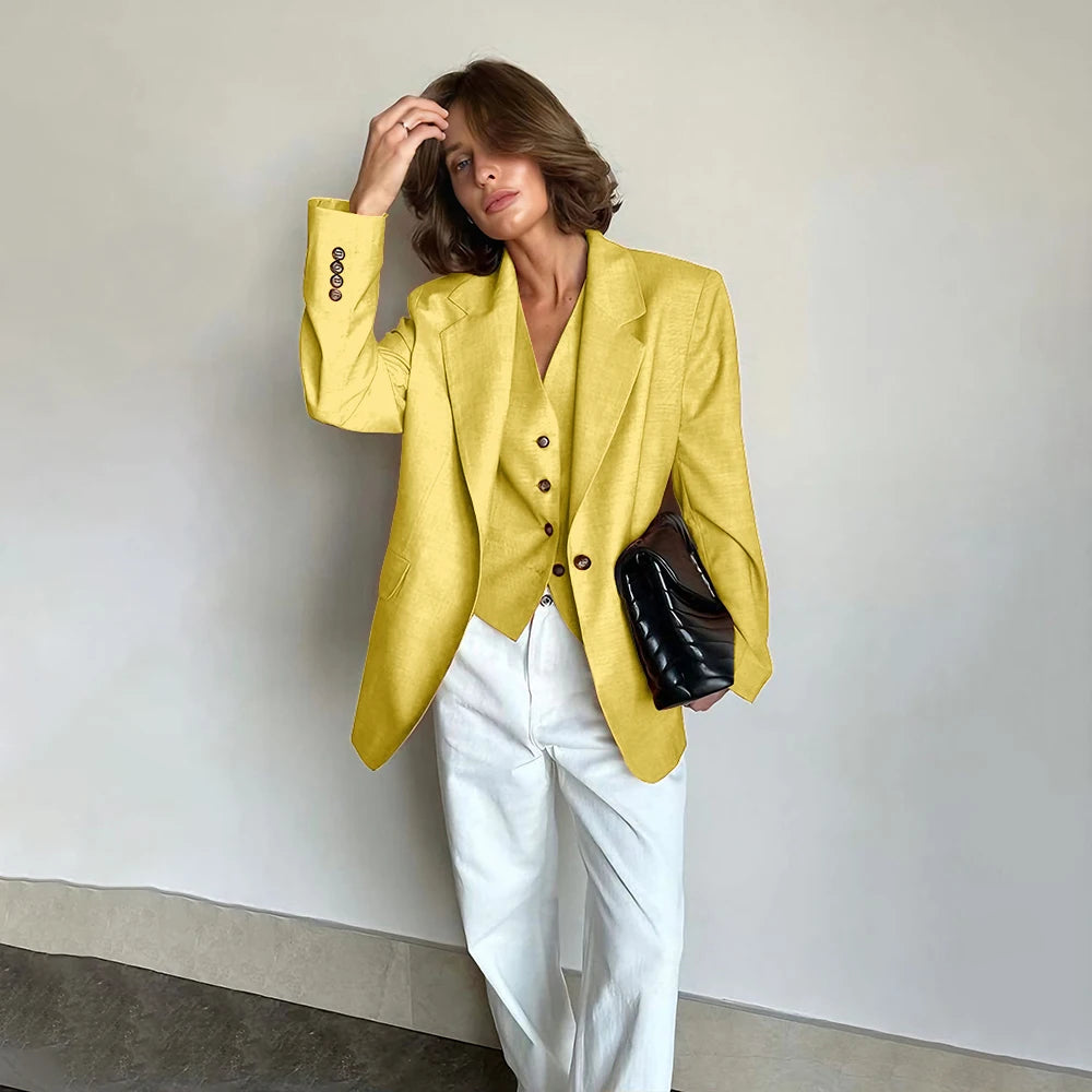 Slim Fit Women's Suits Linen Three Pieces Pant Sets High-end Single Button Notch Lapel Blazer Elegant Daily Business Office Wear