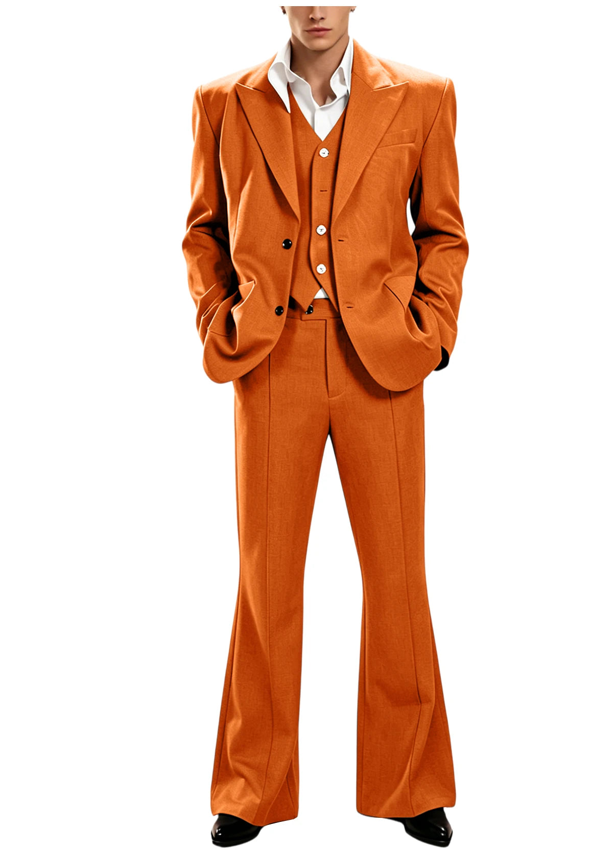 Ensemble de costume 3 pièces vintage pour homme, revers pointu, coupe ajustée, blazer croisé à 2 boutons, gilet et pantalon évasé pour occasions formelles, affaires et mariages
