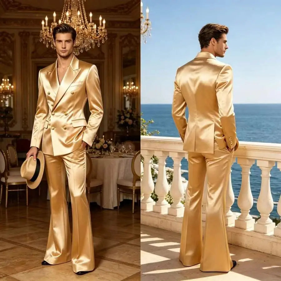 Ensemble de costume satiné croisé pour homme, 2 pièces, revers cranté, blazer à boutons dorés, pantalon évasé, tenue formelle pour mariage, bal de promo, soirée, ou marié