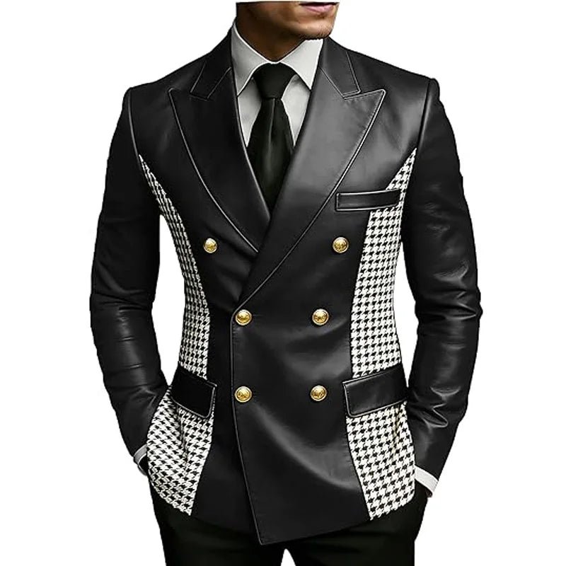 Blazer en cuir marron pour homme avec côtés à motif pied-de-poule, vintage, bicolore, double boutonnage, coupe ajustée, boutons dorés, veste de smoking en cuir