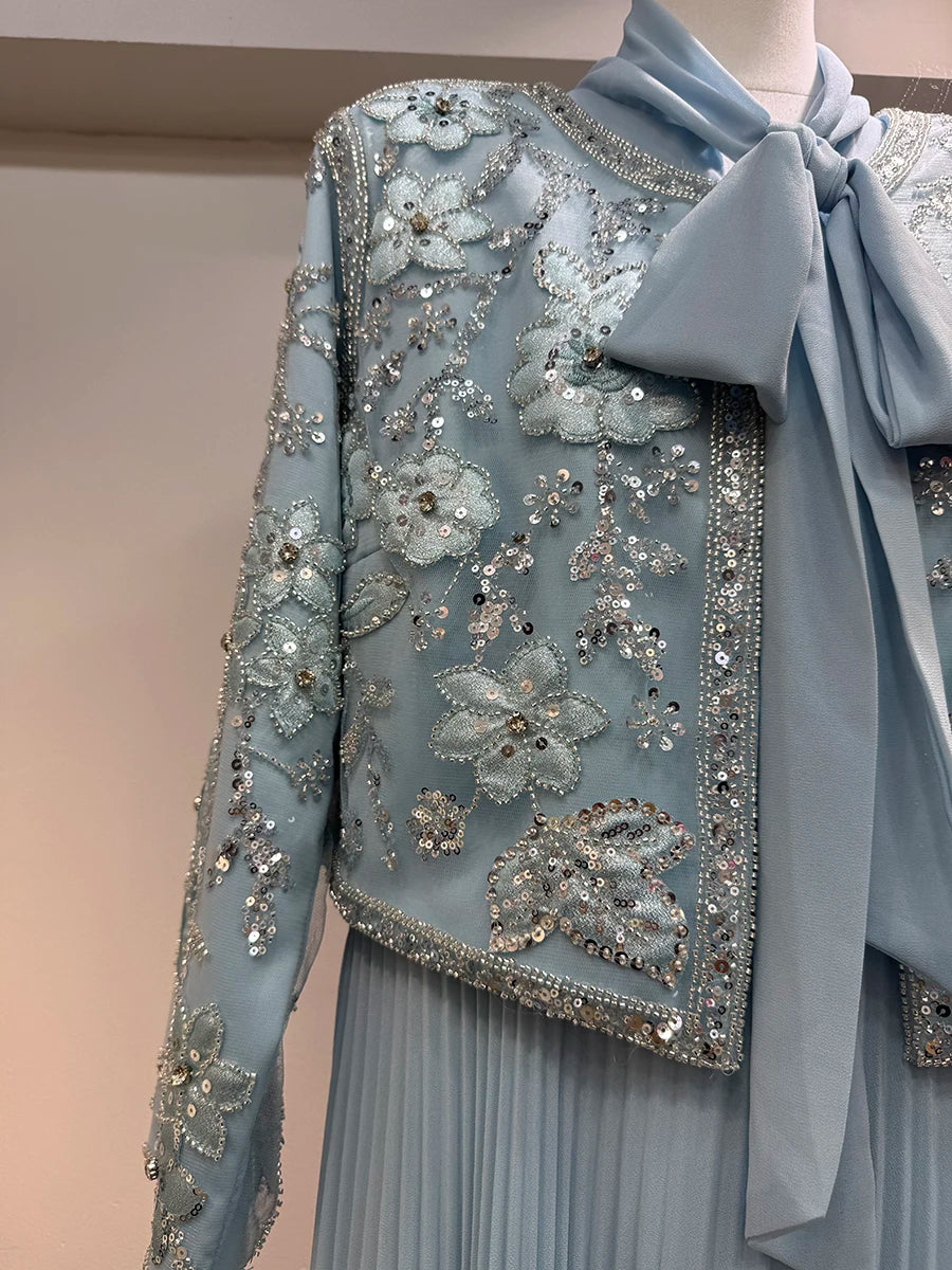TWOTWINSTYLE Hit couleur deux pièces ensemble pour femmes col rond à manches longues manteau épissé à lacets sans manches taille haute robe ensembles femme