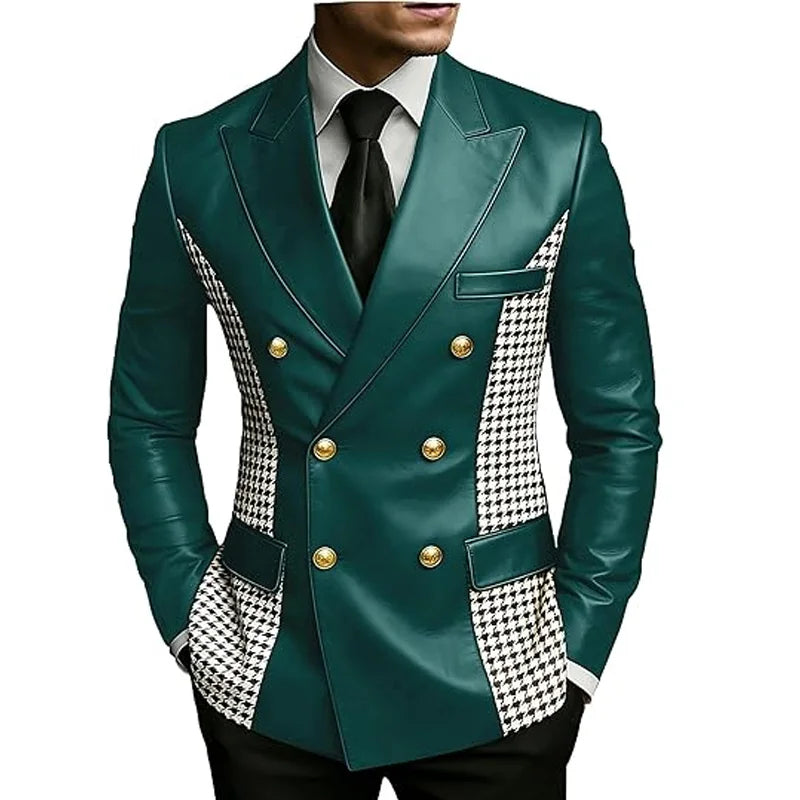 Blazer en cuir marron pour homme avec côtés à motif pied-de-poule, vintage, bicolore, double boutonnage, coupe ajustée, boutons dorés, veste de smoking en cuir