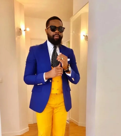 Costume 3 Pièces Bleu Royal pour Homme, Veste avec Pantalon Jaune, Coupe Slim, Blazer de Bal de Promo, pour ixde Mariage
