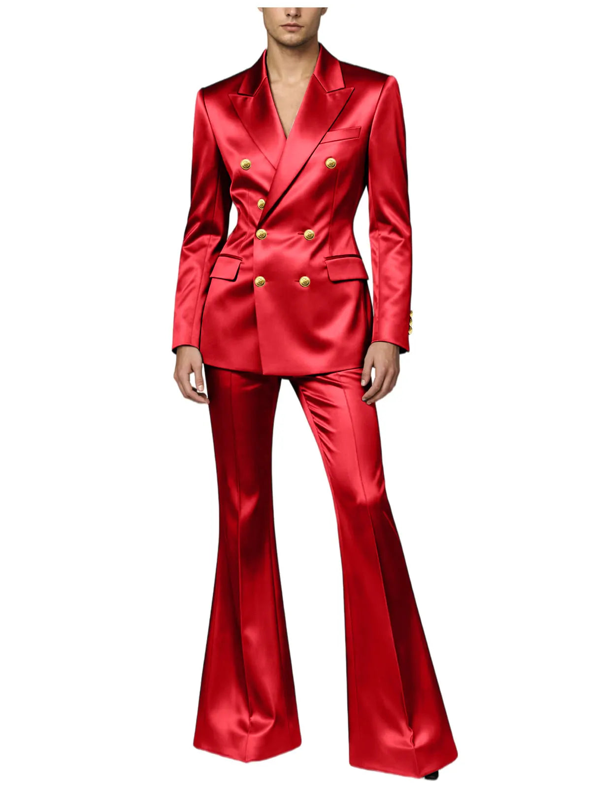 Ensemble de costume satiné croisé pour homme, 2 pièces, revers cranté, blazer à boutons dorés, pantalon évasé, tenue formelle pour mariage, bal de promo, soirée, ou marié