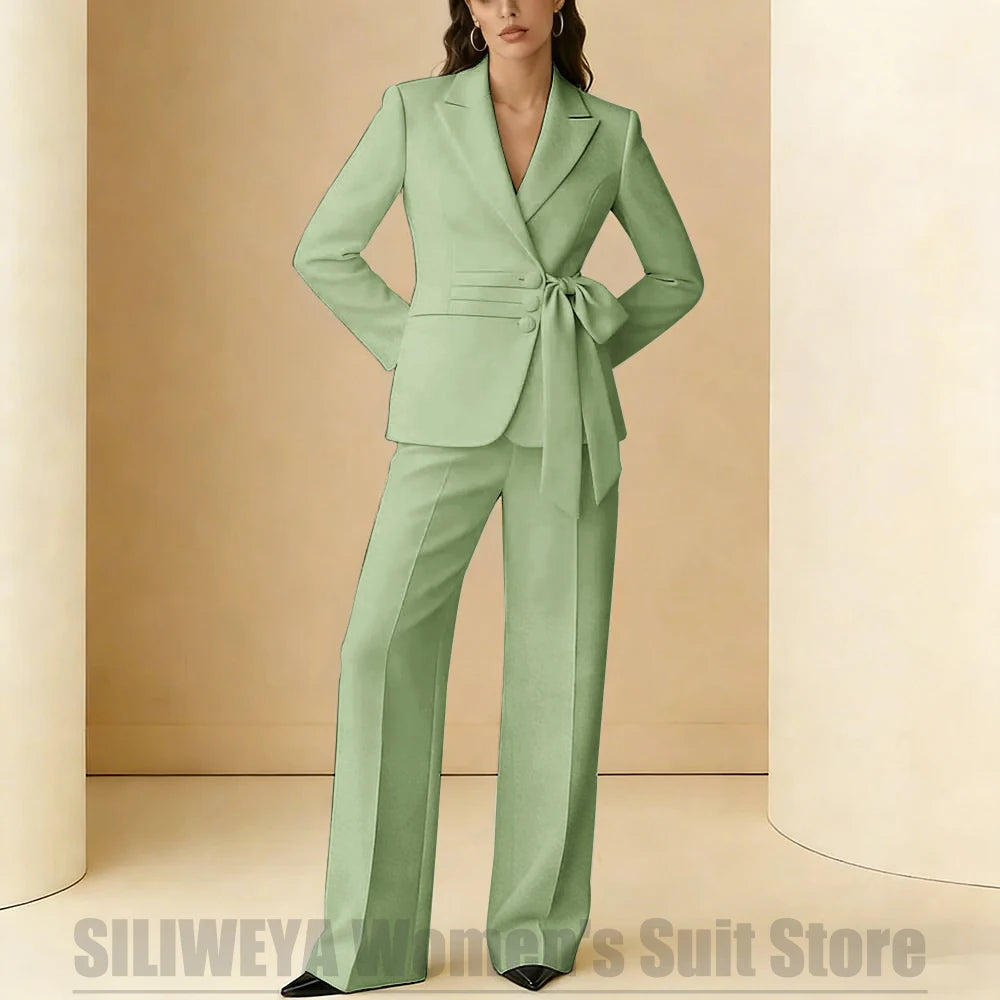 Costume 2 pièces pour femmes, Design avec ceinture à nœud, tenue formelle pour fête de mariage, bal de promo, bureau, mode, revers, costumes quotidiens décontractés pour dames