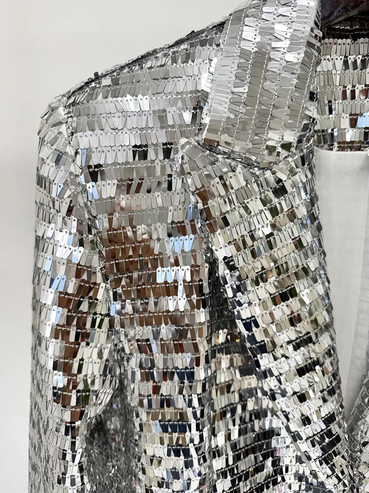 Ensemble tailleur élégant pour femme, collection 2026, avec blazer en maille à sequins et bouton unique, et pantalon – Nouveauté HIGH STREET
