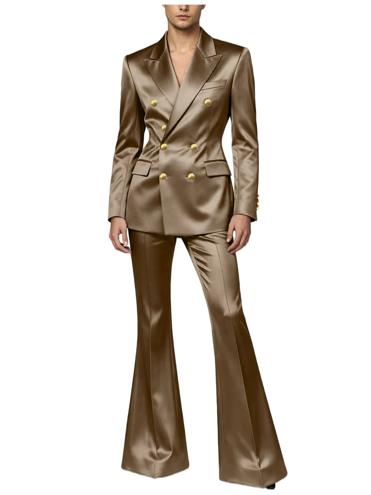 Ensemble de costume satiné croisé pour homme, 2 pièces, revers cranté, blazer à boutons dorés, pantalon évasé, tenue formelle pour mariage, bal de promo, soirée, ou marié
