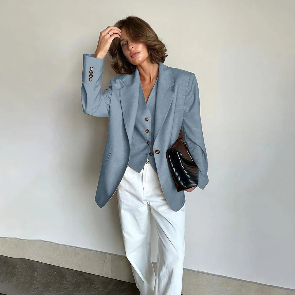 Slim Fit Women's Suits Linen Three Pieces Pant Sets High-end Single Button Notch Lapel Blazer Elegant Daily Business Office Wear