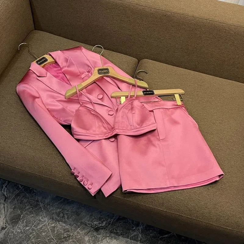 Blazer Slim Fit en satin rose, jupe couvrant les hanches, à la mode, ensemble deux pièces