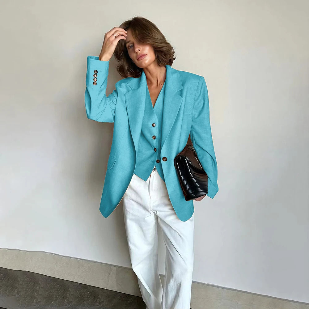 Slim Fit Women's Suits Linen Three Pieces Pant Sets High-end Single Button Notch Lapel Blazer Elegant Daily Business Office Wear