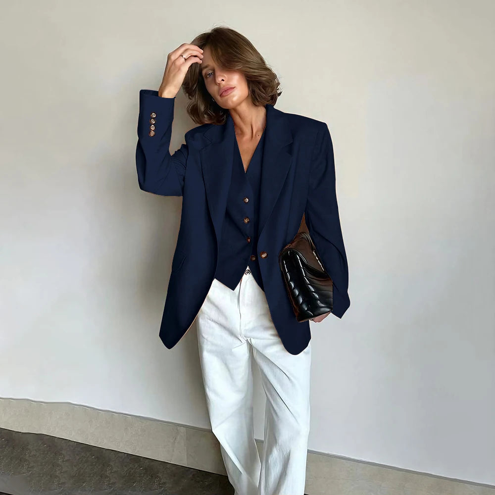 Slim Fit Women's Suits Linen Three Pieces Pant Sets High-end Single Button Notch Lapel Blazer Elegant Daily Business Office Wear
