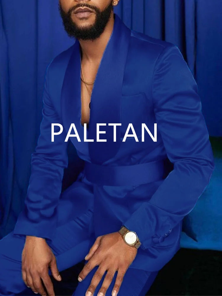 Nouvelle mode italienne argent hommes costumes Satin coupe ajustée bleu Royal brillant marié bal de mariage smoking sur mesure Blazer ensemble Costume Homme