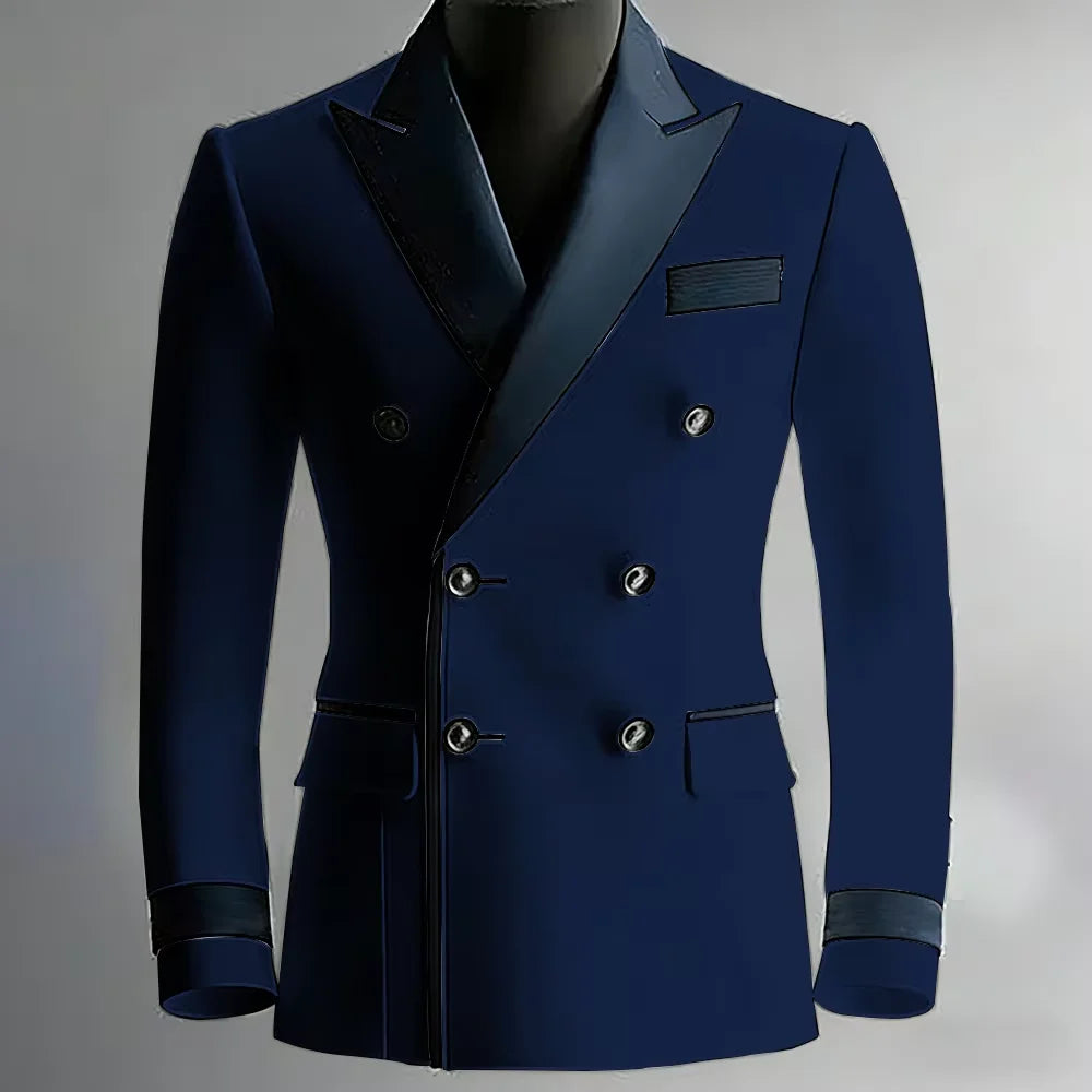 Blazer de costume élégant pour homme en serge, classique, croisé, coupe ajustée, avec revers à pointe noirs, veste formelle pour affaires, décontracté ou soirée