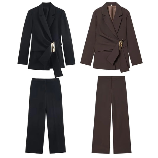 Costume de printemps et d'automne pour femmes, ensemble pantalon Long ou décoration de boucle, blazer à manches longues, manteau ou pantalon à jambe droite pour dames