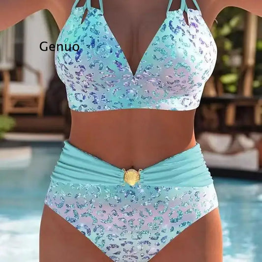 Ensemble de bikini taille haute pour femme à imprimé léopard dégradé, maillot de bain deux pièces froncé avec boucle dorée