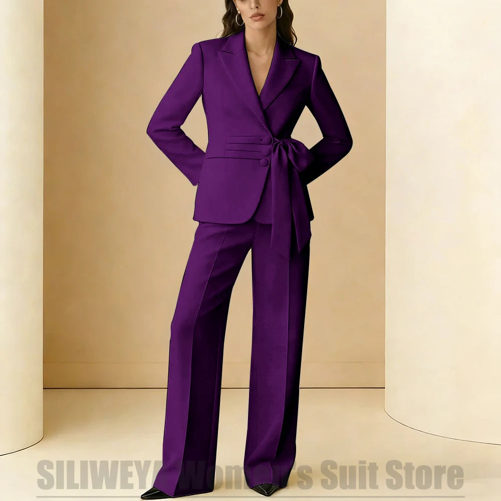 Costume 2 pièces pour femmes, Design avec ceinture à nœud, tenue formelle pour fête de mariage, bal de promo, bureau, mode, revers, costumes quotidiens décontractés pour dames